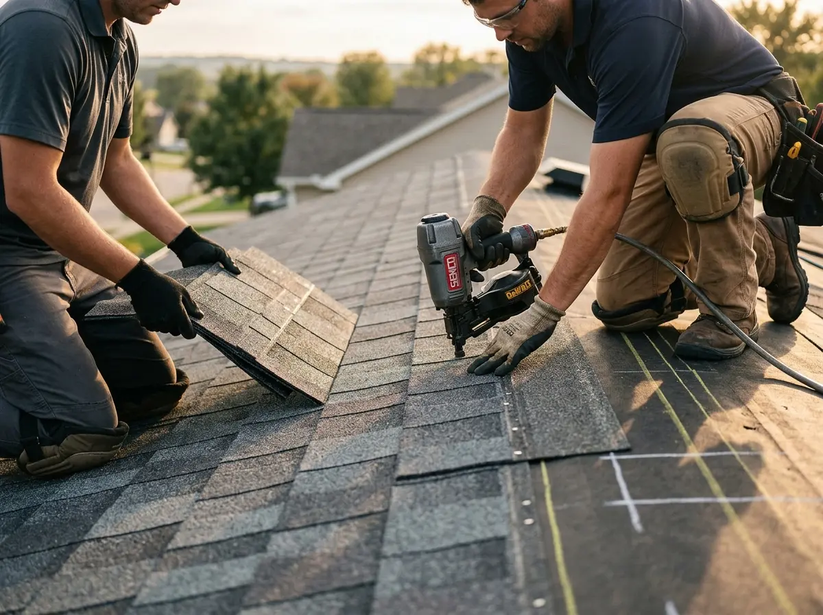 Professional roofer working on a residential roof in Travelers Rest